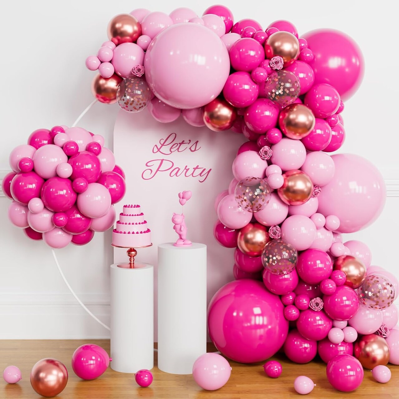 Pink Balloon Garland Arch Kit, 145pcs Hot Pink Rose Gold Balloons with Confetti Balloons for Mother's Day Decoration Girl's Birthday Bridal Baby Shower Princess Theme Party Background Decorations